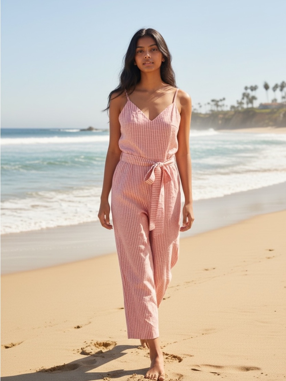Gianni Bini Blush Pink Striped Tie-Waist Cropped Jumpsuit NWOT